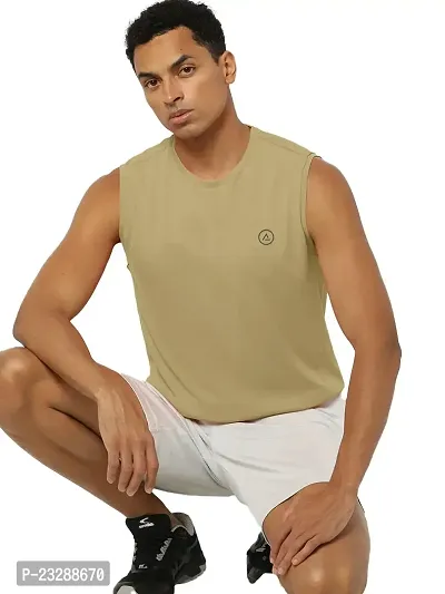 Rad prix Men Beige Solid Crew Neck Sports T-Shirt-thumb0