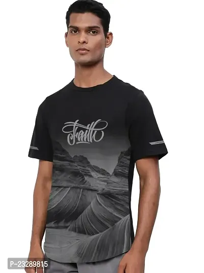 Men Black Graphic Printed and Textured Polyester T-Shirt-thumb0