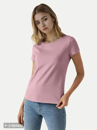 Trendy Pink Cotton Blend Solid Round Neck Tees For Women-thumb0