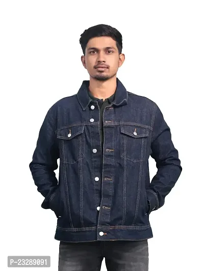 Rad prix Men Solid Dark Blue Tailored Denim Jacket with Side Pockets-thumb0