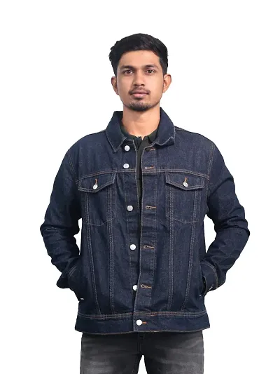 Rad prix Men Solid Dark Blue Tailored Denim Jacket with Side Pockets