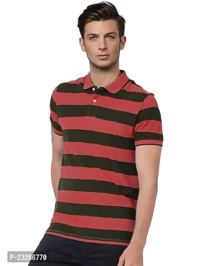 Rad prix Men Red and Black Thick Stripes Regular fit Polo T-Shirt-thumb0