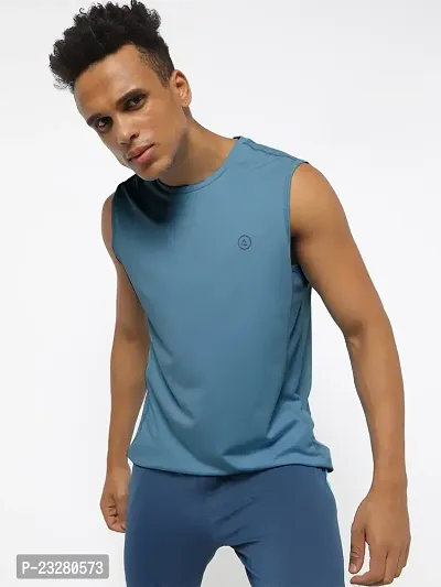 Rad prix Men Blue Textured Sleeveless Sports T-shirt-thumb2