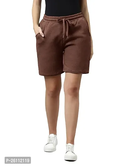Womens Coffee Brown Solid Knitted Casual Shorts
