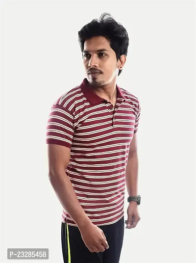 Men Red and White Thin Stripes Cotton T-Shirt-thumb2