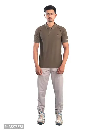 Men Basic Grey Polyester Polo Collared T-Shirt