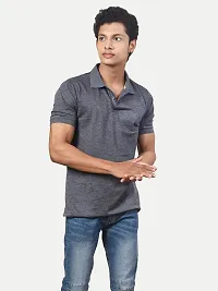 Men Basic Grey Polyester Polo Collared T-Shirt-thumb2