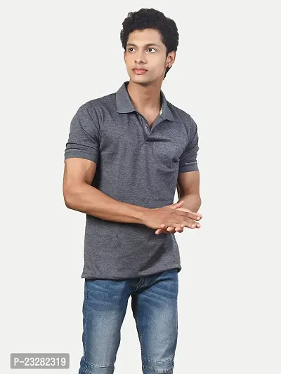 Men Basic Grey Polyester Polo Collared T-Shirt-thumb3