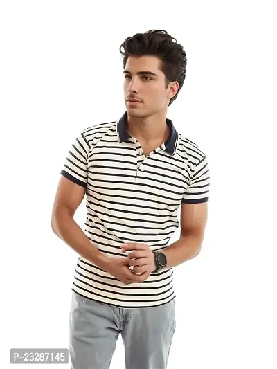 Mens Dark Grey Fashion Striped Cotton Polo T-Shirt-thumb0