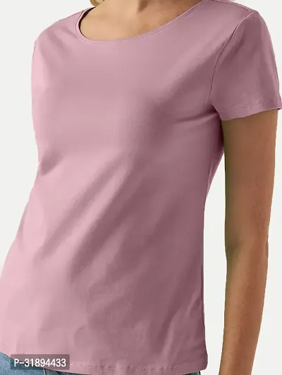 Trendy Pink Cotton Blend Solid Round Neck Tees For Women-thumb3