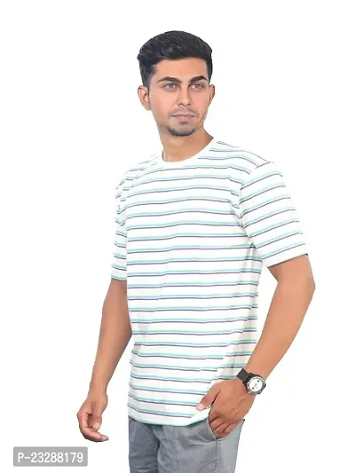 Men Green and Dark Blue Stripped Cotton Casual T-Shirt