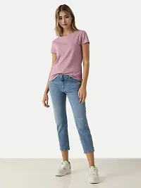 Trendy Pink Cotton Blend Solid Round Neck Tees For Women-thumb1