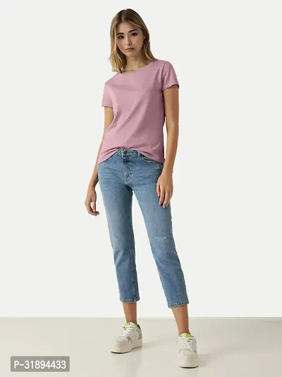 Trendy Pink Cotton Blend Solid Round Neck Tees For Women-thumb2