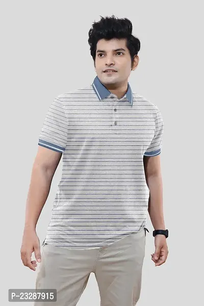 Mens Blue Fashion Striped Cotton Polo T-Shirt-thumb3