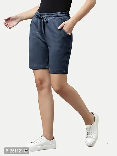 Womens Navy Solid Knitted Casual Shorts-thumb2