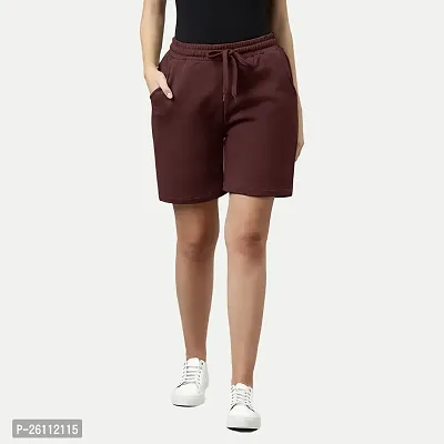 Womens Maroon Solid Knitted Casual Shorts