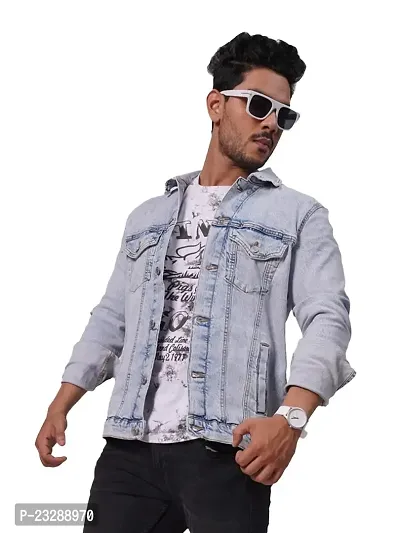 Rad prix Men Ice Blue Tailored Denim Jacket with Shirt Collar-thumb0