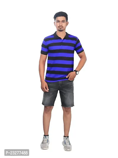 Rad prix Men Blue and Black Thick Stripes Regular fit Polo T-Shirt-thumb0