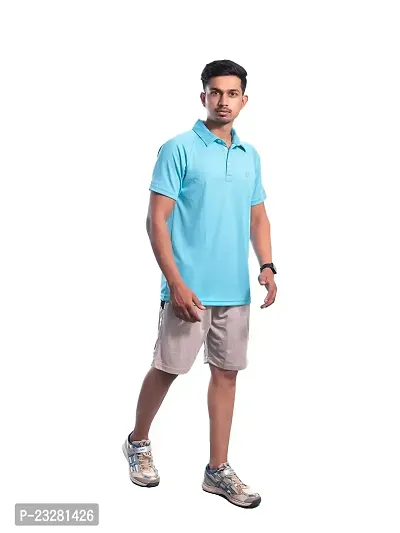 Men Basic Light Blue Polyester Polo T-Shirt