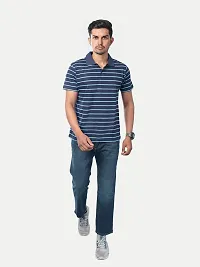 Rad prix Men Dark Blue Cotton Striped Polo T-Shirt-thumb1