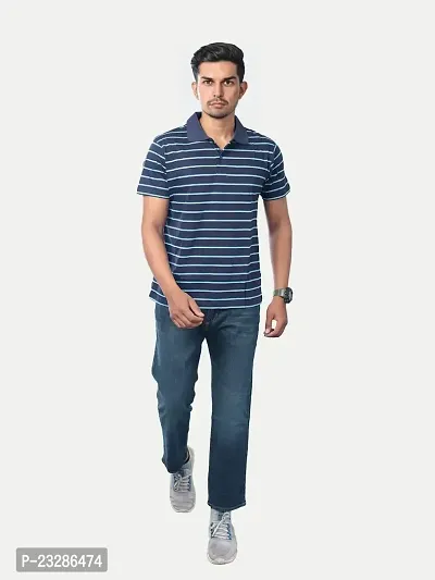 Rad prix Men Dark Blue Cotton Striped Polo T-Shirt-thumb2