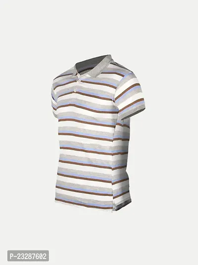 Mens Grey Fashion Striped Cotton Polo T-Shirt-thumb2