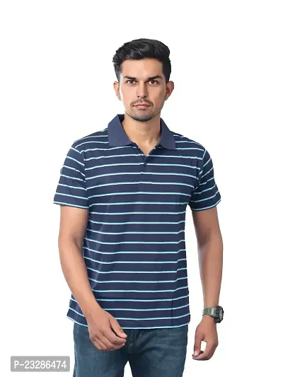 Rad prix Men Dark Blue Cotton Striped Polo T-Shirt-thumb0