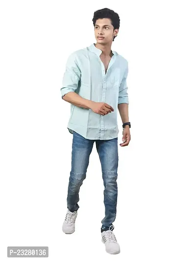 Rad prix Men Solid Light Blue Linen Smart Casual Shirt-thumb0