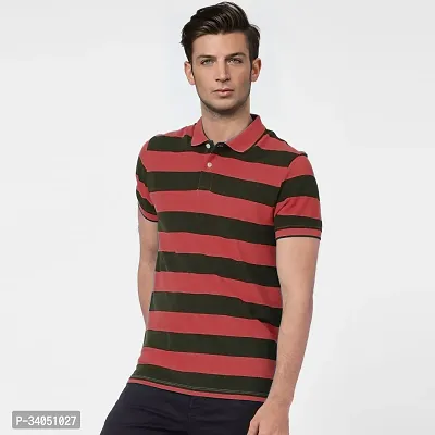 Stylish Red Striped Cotton Polos For Men-thumb0