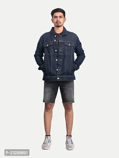 Rad prix Men Solid Dark Blue Tailored Denim Jacket with Side Pockets-thumb3