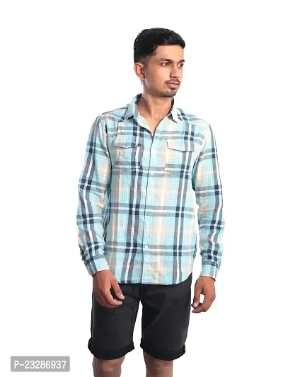 Rad prix Men Light Blue Checkered Casual Cotton Shirt-thumb0