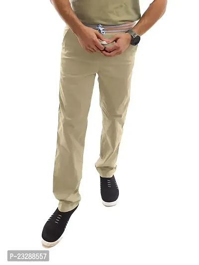 Rad prix Men Solid Beige Twill Trouser with Elastic Waist Band