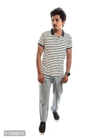 Men Blue and White Thin Stripes Cotton T-Shirt-thumb0