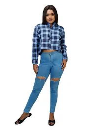 Women Sky Blue Checked Cotton Shirts-thumb3