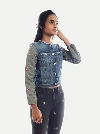 Rad prix Teen Girls Denim Blue Jacket With Flower Printed on Sleeves-thumb2