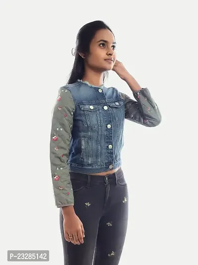 Rad prix Teen Girls Denim Blue Jacket With Flower Printed on Sleeves-thumb3