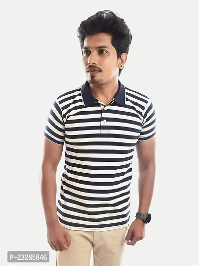 Rad prix Men Navy Contrast Stripe Slim Fit Polo T-Shirt-thumb4