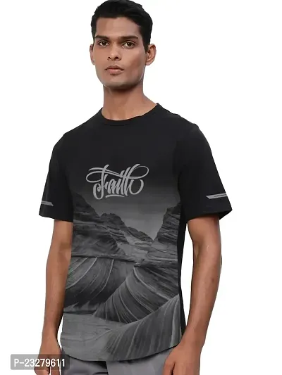 Men Black Graphic Printed and Textured Polyester T-Shirt