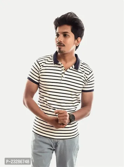 Men Blue and White Thin Stripes Cotton T-Shirt-thumb4