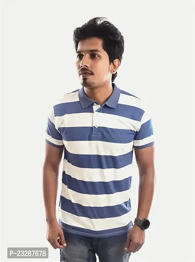 Rad prix Men Blue Contrast Stripe Slim Fit Polo T-Shirt-thumb3