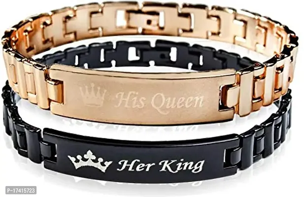 Gold  Black His Queen  Her King Metal Couple Bracelet for Boys  Girls (Black)-thumb0