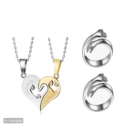 Gold Ad Heart Locket  Adjustable Two Silver Hug Rings for Couples Women Girlfriend 2pcs (Silver) (RED)-thumb0