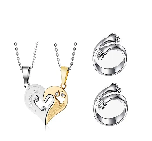 Gold Ad Heart Locket & Adjustable Two Silver Hug Rings for Couples Women Girlfriend 2pcs (Silver) (RED)