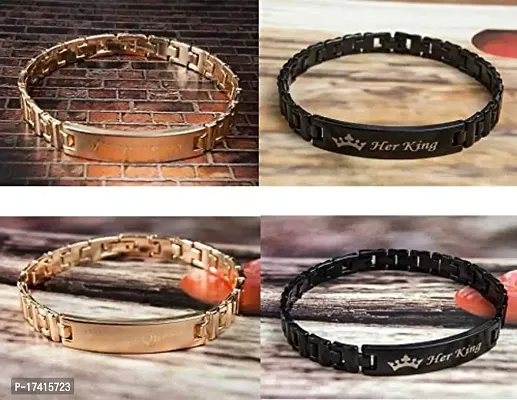 Gold  Black His Queen  Her King Metal Couple Bracelet for Boys  Girls (Black)-thumb4