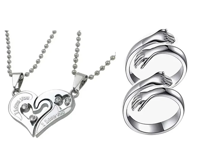 Ad Heart Locket & Adjustable Two Silver Hug Rings for Couples Women Girlfriend 2pcs (Silver)