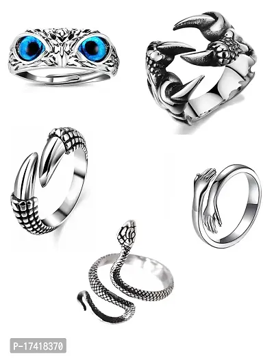 ONE BLUE EYES OWL RING, 4 EAGLE CLAW RING,SILVER HUG RING,2 CLAW RING,  OXIDIZED SNAKE RING PACK OF 5 (Adjustable)-thumb0