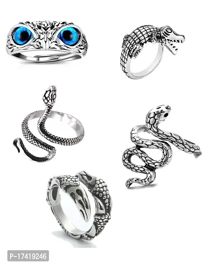 ONE BLUE EYES OWL RING, CROCODILE RING, SILVER SNAKE  OXIDIZED SNAKE RING  SCORPIO RING PACK OF 5 (ADJUSTABLE)