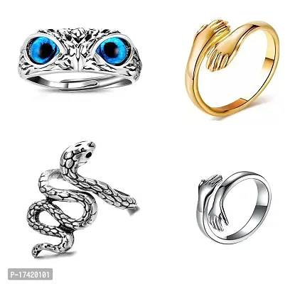 COMBO RING BLUE EYE OWL RING, SNAKE  GOLDEN HUG  SILVER HUG RINGS PACK OF 4