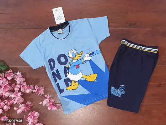 Stylish Blue Cotton T-Shirts With Shorts For Kids-thumb0