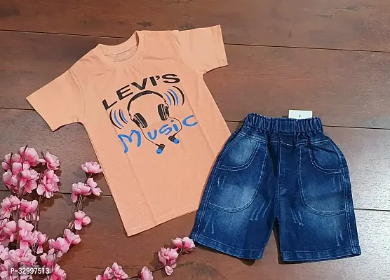 Stylish Peach Cotton T-Shirts With Shorts For Kids